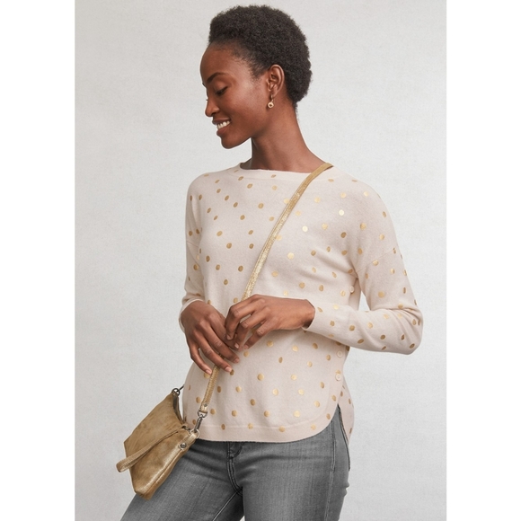 Garnet Hill | Ophelia Cashmere Side-Button Sweater - Cream/Gold Polkadot - Picture 2 of 16